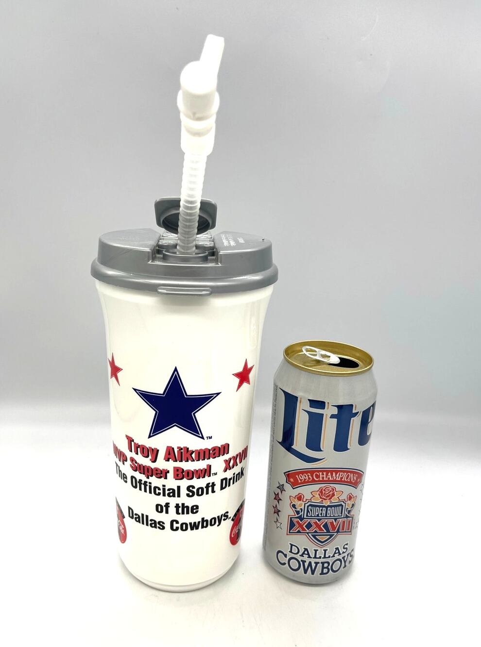 Dallas Cowboys Superbowl XXVII 27 Troy Aikman Cup & Cowboys Miller Lite Beer Can